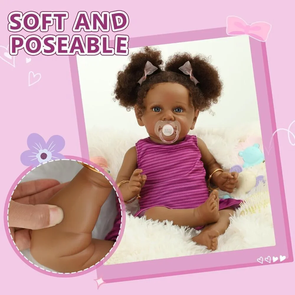 🆕22Inch African Americans Newborn Doll with Soft Cloth Body with Two Afro Puff